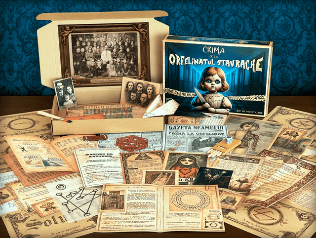 Elemente din jocul Crima de la Orfelinatul Stavrache – fotografie cu probe reale: scrisori, obiecte vechi, dosare sigilate, lamă de microscop și avion de hârtie criptat
