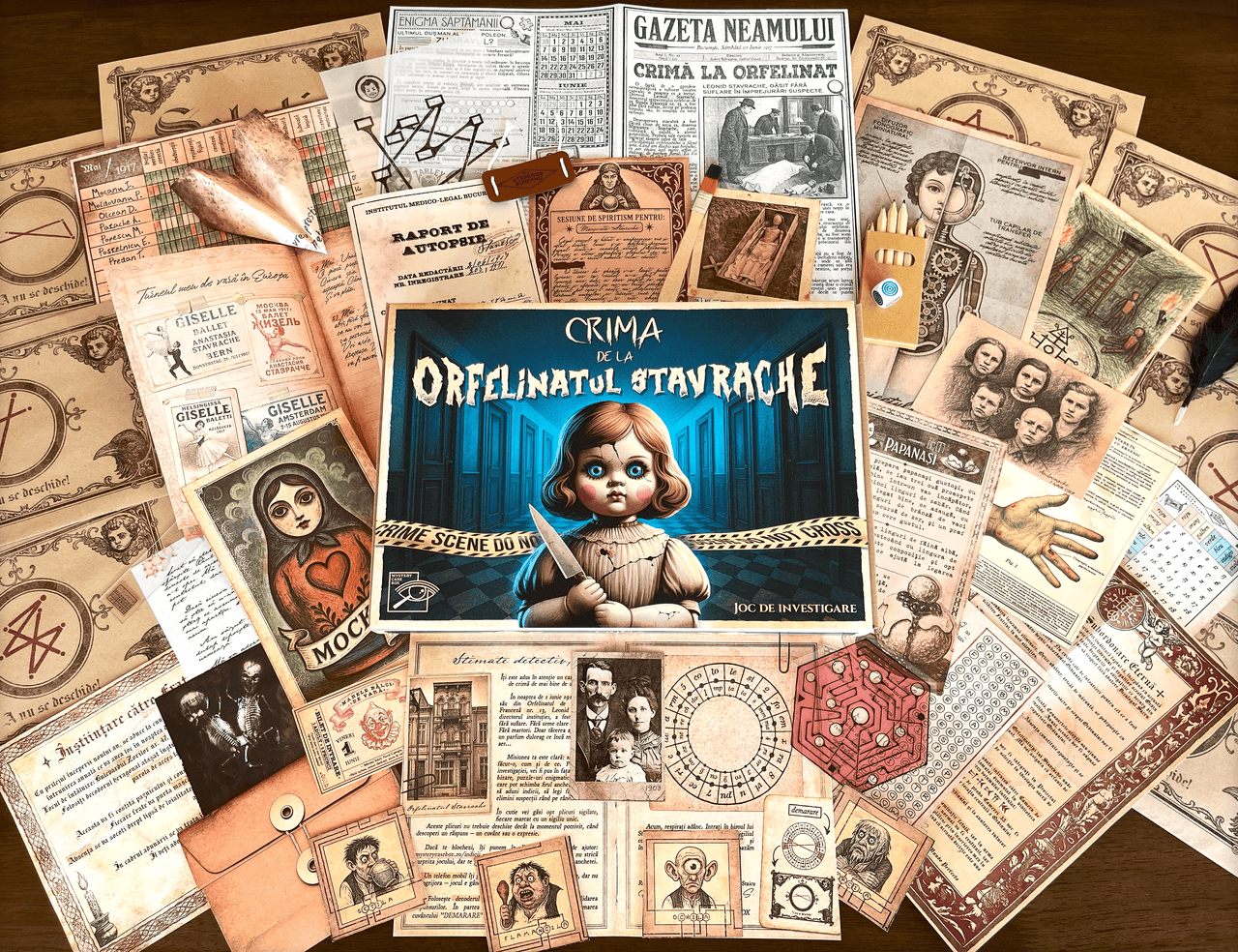 Interior cutie joc investigativ Mystery Case Box – Crima de la Orfelinatul Stavrache, escape room fizic offline inspirat din România anilor 1917