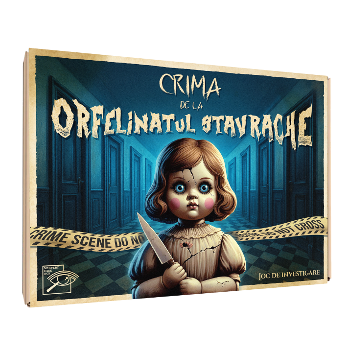 Cutie joc detectiv românesc Crima de la Orfelinatul Stavrache – Mystery Case Box, joc complex cu zeci de probe fizice realizate manual în România