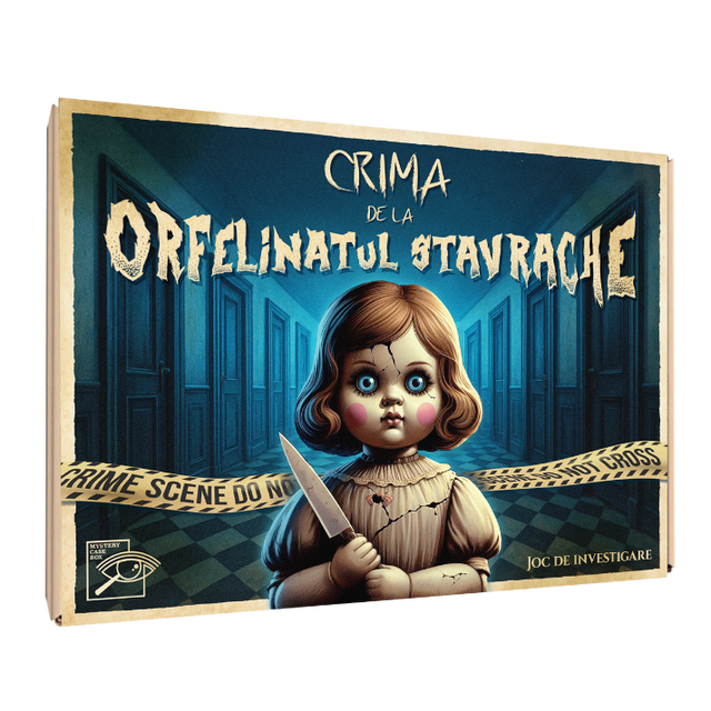 Cutie joc detectiv românesc Crima de la Orfelinatul Stavrache – Mystery Case Box, joc complex cu zeci de probe fizice realizate manual în România